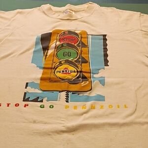 Pennzoil Stop Go Graphic T- Shirt Single Stitch Sleeve Stains Vintage
